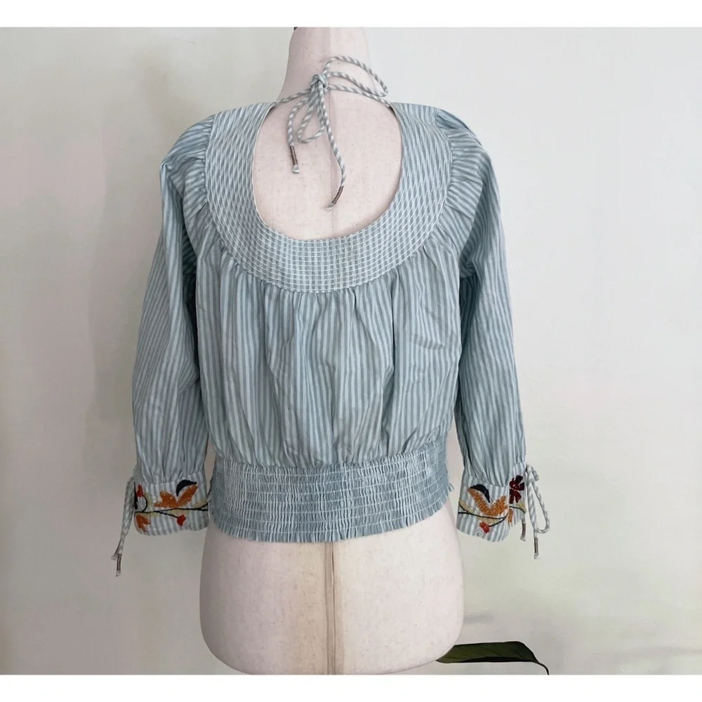 NWT by Anthropologie Pinstriped Beaded Embroidered Floral Puff-Sleeved Blouse XS